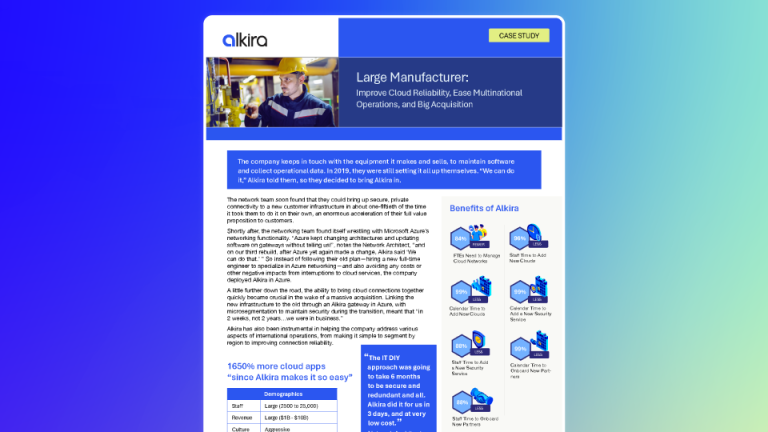 Banner image highlighting a large manufacturer case study focused on global cloud networking, improved reliability, and multinational operations