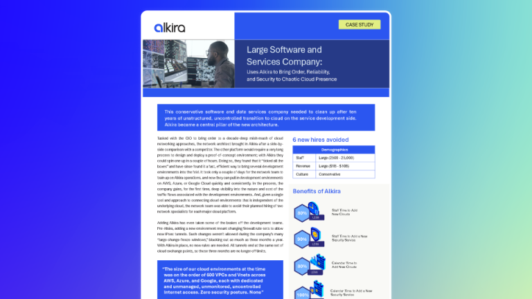 Banner illustrating how a large enterprise uses Alkira to simplify connectivity and strengthen Multicloud Network Security across clouds.