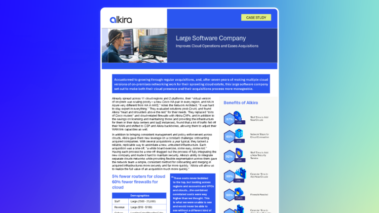 Case study hero image showing a large software company achieving multicloud networking simplification to improve cloud operations and ease acquisitions with Alkira.