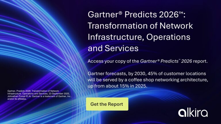 Graphic of sweeping blue light waves promoting the Gartner Predicts 2026 report