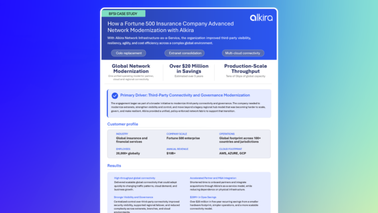 Cover image of Alkira case study featuring a Fortune 500 insurance company modernizing its global network with Network Infrastructure-as-a-Service